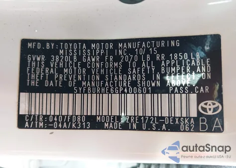 2016 Toyota Corolla S Plus z USA, uszkodzony, nr VIN 5YFBURHE6GP400601